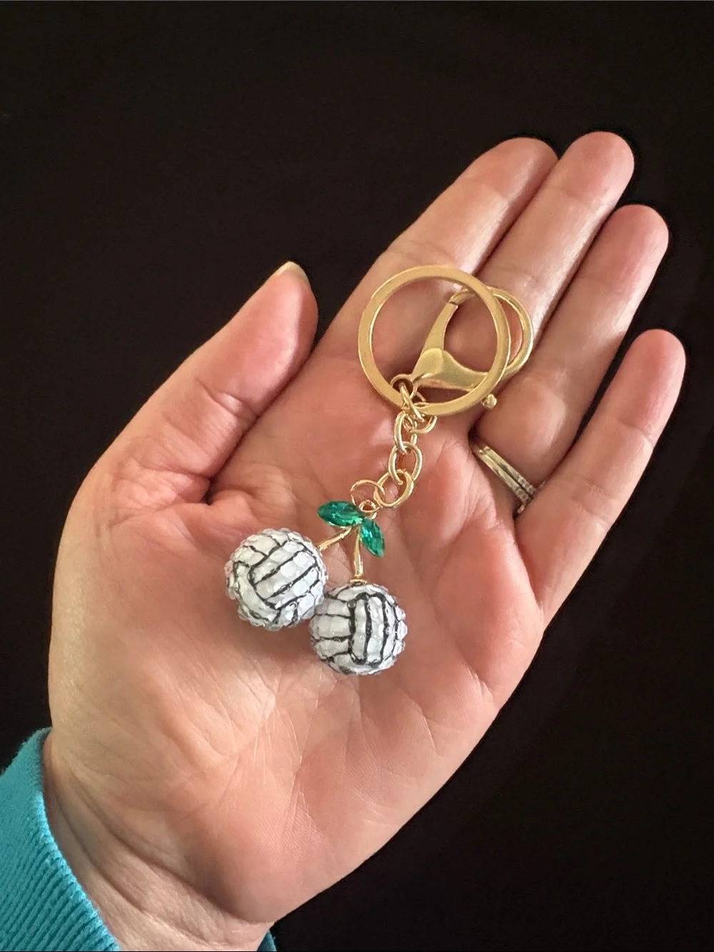 Gold Cherry Volleyball Crystal Bling Bag Charm Keychain - White & Green Accent